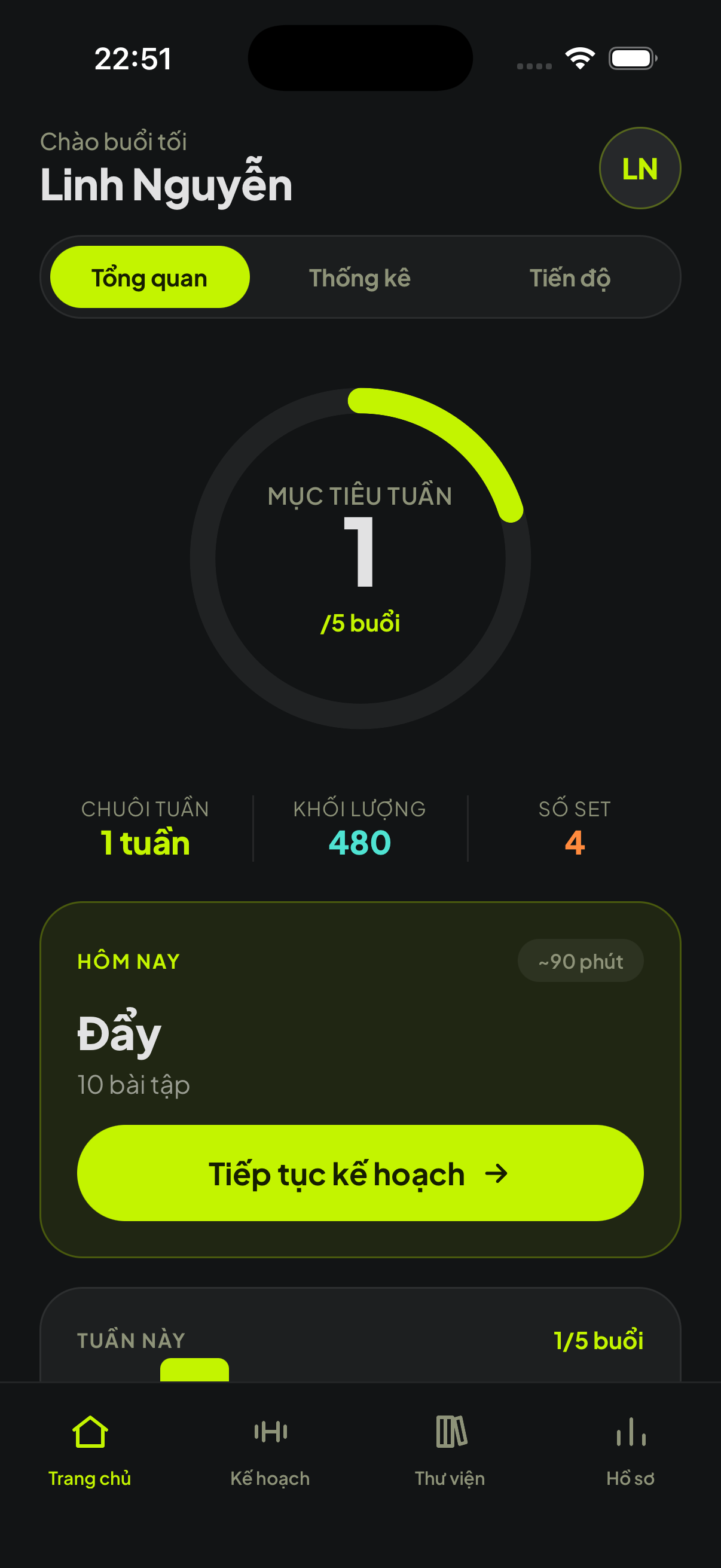 YouPT AI dashboard showing weekly training goal and today's session